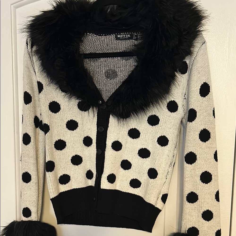 Polka Dot Faux Fur Trim Sweater Cardigan US 6 - Picture 6 of 8